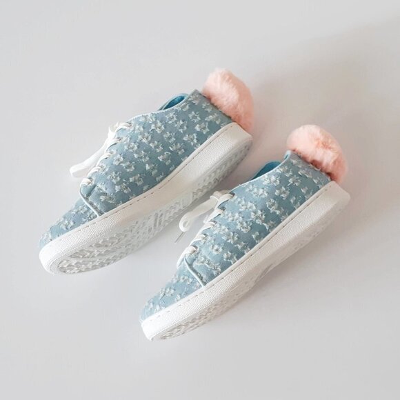 NWT / NIB Qupid blue denim-like bunny ear lace up faux fur pom pom sneakers - Picture 11 of 14